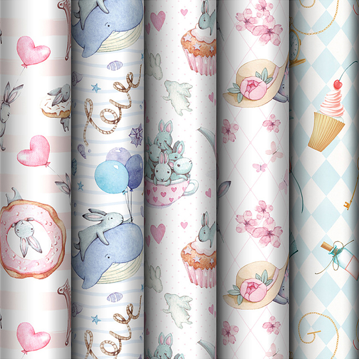 Упаковочная бумага глянц. 70*100см, "Tenderness", 80 г/м2, ассорти, 5 дизайнов 