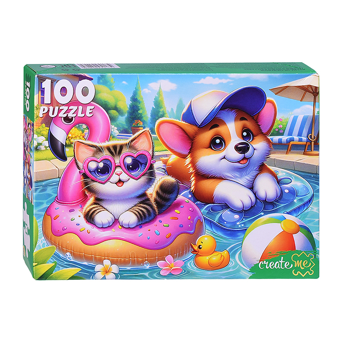 Пазлы 100 "Котенок и щенок в бассейне"