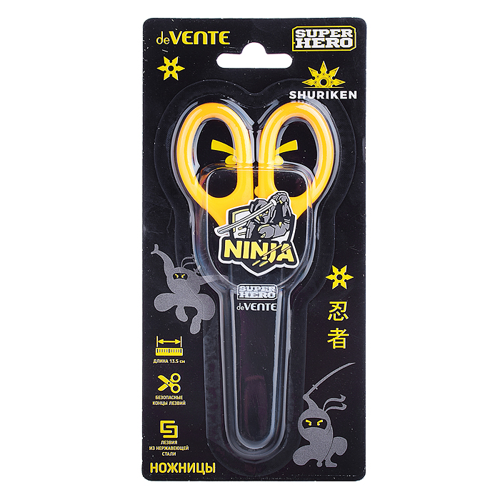 Ножницы детские "SuperHero. Ninja" 13,5 см, пластиковые кольца, защитный футляр с каучуковы